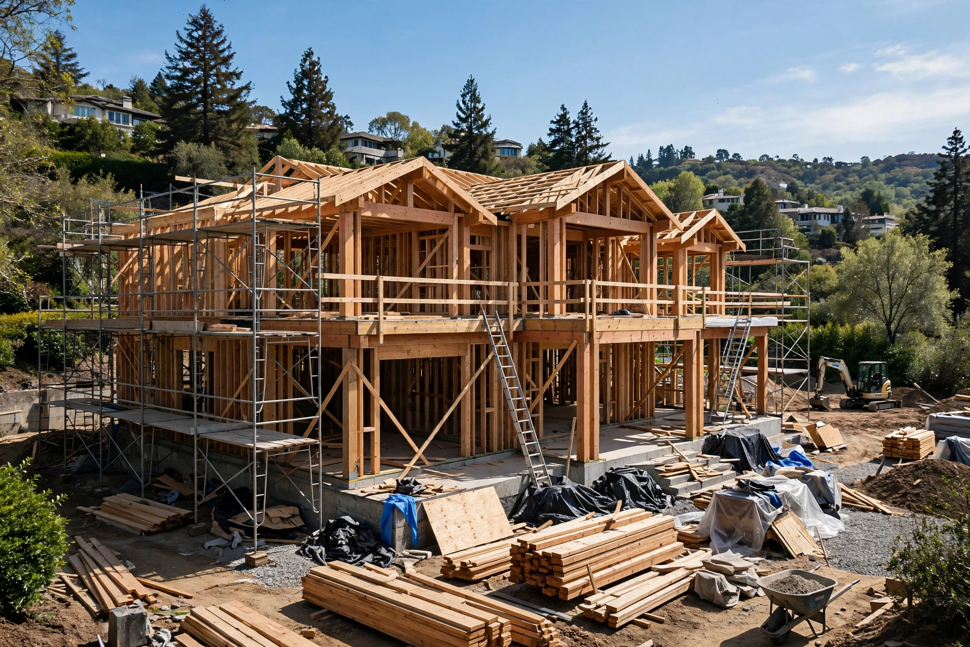 Luxury custom home under construction with wooden framing and scaffolding